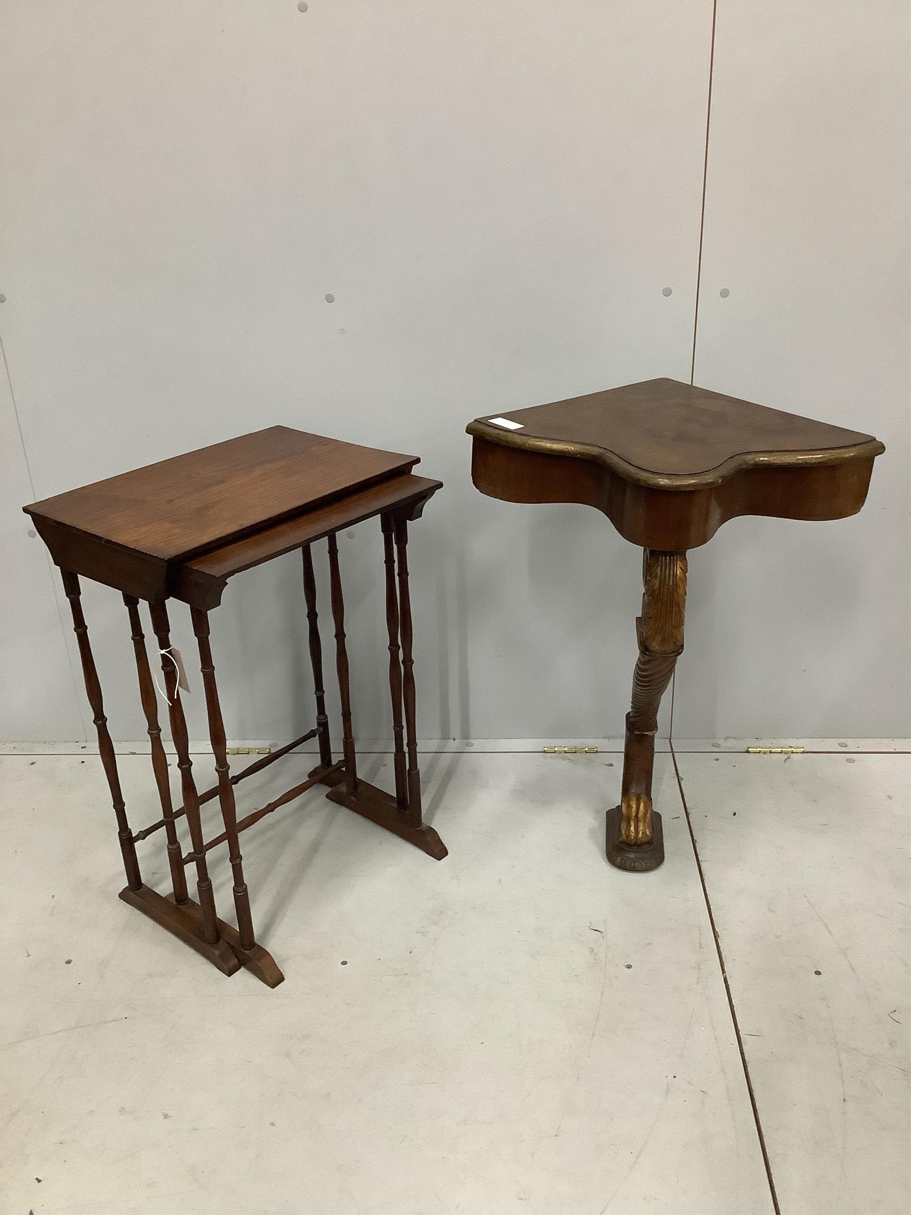 A nest of two rectangular rosewood tea tables, width 47cm, depth 33cm, height 71cm, together with a corner console table. Condition - fair